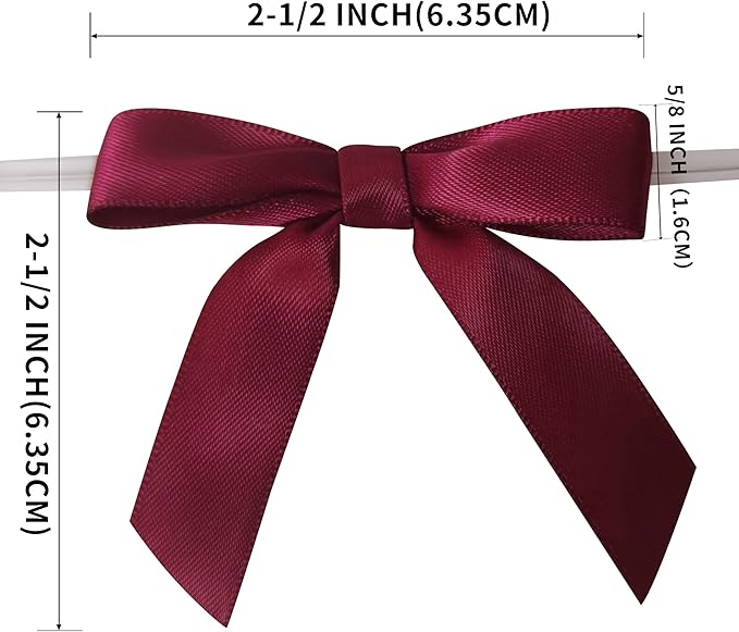 50pcs 2-1/2" Burgundy Satin Ribbon Bows with Twist Tie Bows for Christmas Gift Packing&Wrapping (Burgundy)