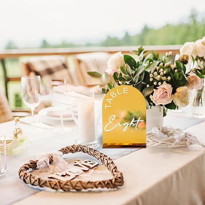Gold Mirror Arch Wedding Table Numbers 1-15 with Stands, 5x7 Inch Acrylic Arch Sign with Holder for Wedding Reception Table Centerpiece Decoration(Gold Mirror)