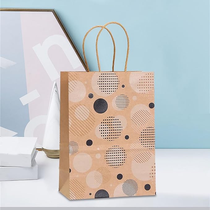 piqiya 24pcs Vintage Polka Dot Gift Bags with Handles,Colorful Dots, Circles, Spots Pattern Kraft Paper Bags for Clown Joker Party,Birthday Gift Wrap,Goody Treat Bags