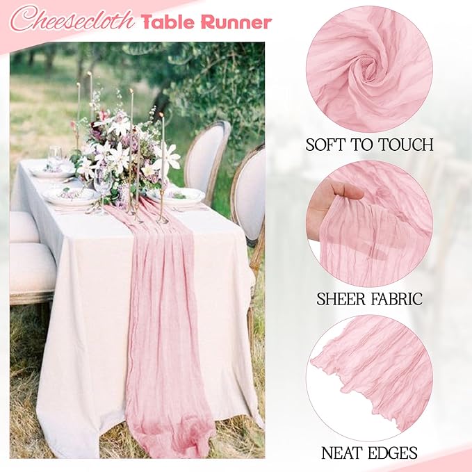 Aktor 4 Pack Pink Table Runner Boho Cheesecloth Table Runner Semi Sheer Gauze Fabric Runners for Wedding Birthday Baby Shower Party Boho Table Decoration（Pink）