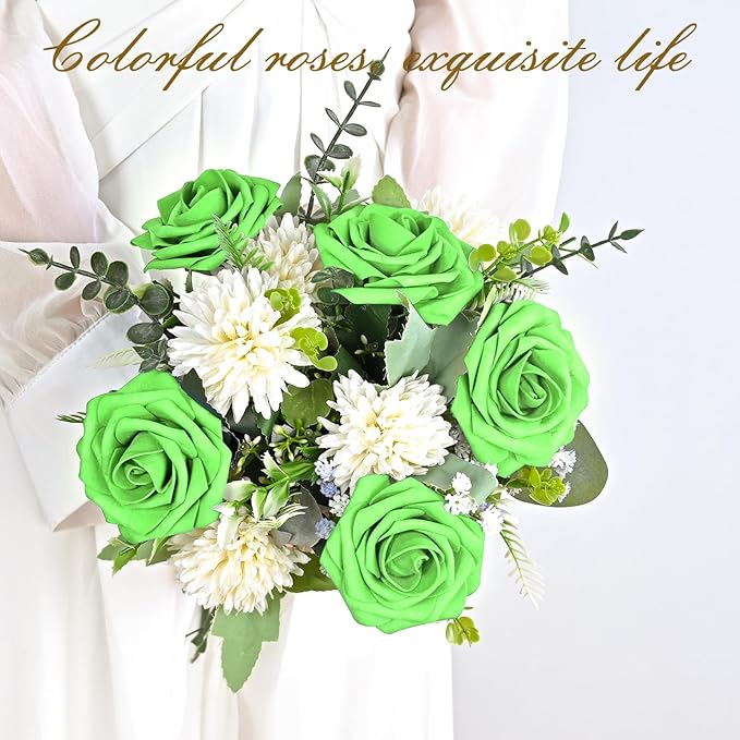 BLEUM CADE 36Pcs Artificial Flowers Fake Roses with Stems, Bright Green Boxed Foam Roses for DIY Bouquets Centerpieces Wedding Party Arrangement Bridal Shower Decor