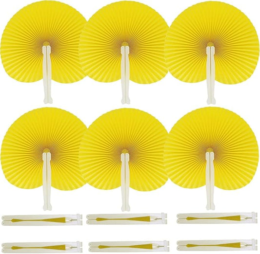 12 Packs Decorative Paper Folding Hand Fans Handheld,Yellow Round Foldable Wedding Fans Chinese and Japanese Fans Bulk for Bridal Guest Church Party Favors Dancing Birthday DIY