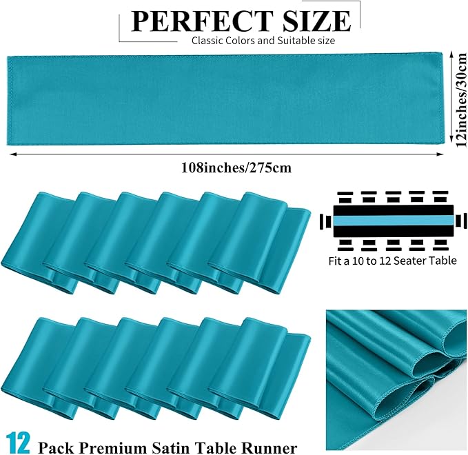 12 Pack Turquoise Satin Table Runner,12 x 108 inch Long Premium Smooth Table Runner for Wedding, Banquets, Birthday, Party,Graduation,Engagements,Table Runners fit Rectangle and Round Table