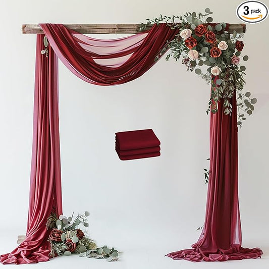 Wokceer Burgundy Wedding Arch Draping Fabric Backdrop 3 Panels 28.7" X 20FT Sheer Drapes Fabric for Wedding Arbor Ceremony Party
