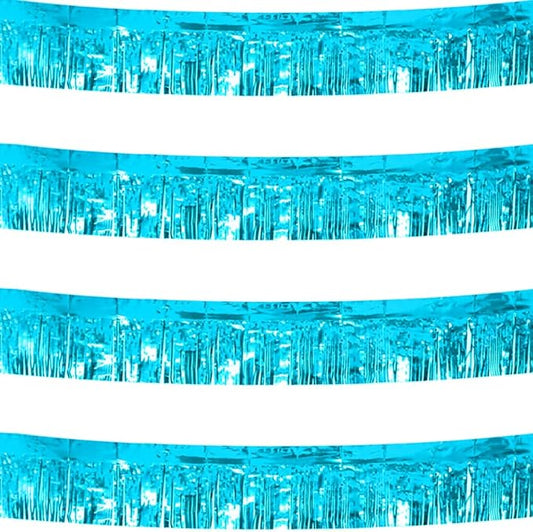 4 Pack Total 40 Feet Foil Fringe Garland Light Blue Metallic Wall Hanging Drapes Tassel Skirting Teal Tinsel Streamers for Parade Float Trailer Mardi Gras Party Birthday Wedding (Turquoise)