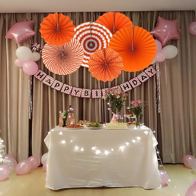 Party Hanging Paper Fans Set, Orange Round Pattern Paper Garlands Decoration for Birthday Wedding Graduation Events Accessories, Set of 6