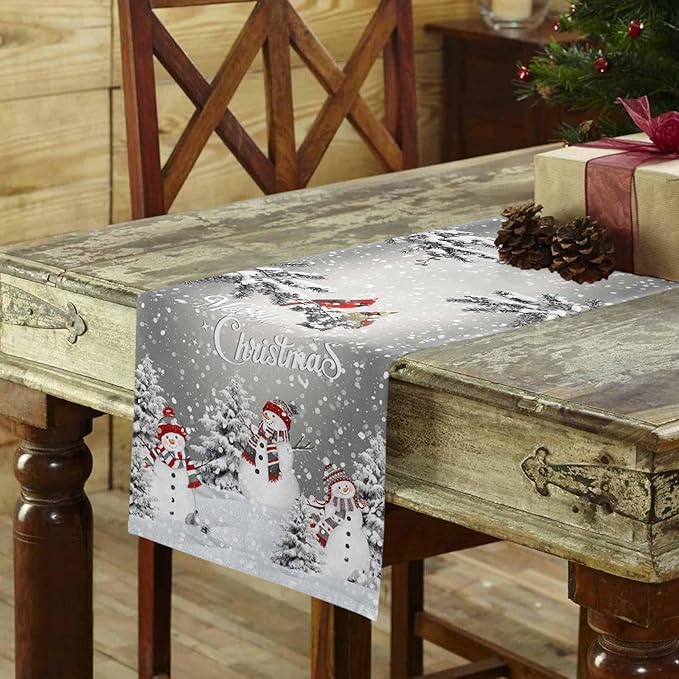 Christmas Snowman Cotton Linen Table Runner for Dining Kitchen, Snowflakes Xmas Pine Tree Wedding Outdoor Party Tablerunner Decoration Winter Bird Dresser Scarf Coffee Tablecloth Runners 13x72 Inches