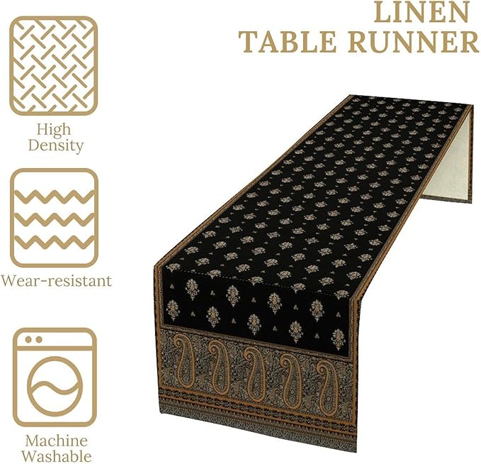 Vintage Paisley Table Runner, Boho Brown Black Flowers Leaves Print Table Runner for Home Dining Kitchen Table Party Wedding Decor, 13x70inch