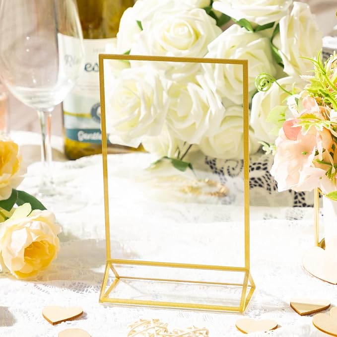 Hoteam 18 Pack Clear Acrylic Double Sided Frames Display Holder Gold Frames Acrylic Signs with Stand 2mm Gold Border for Wedding Restaurant Office Home Store Numbers Signs (5 x 7 Inch, Vertical)