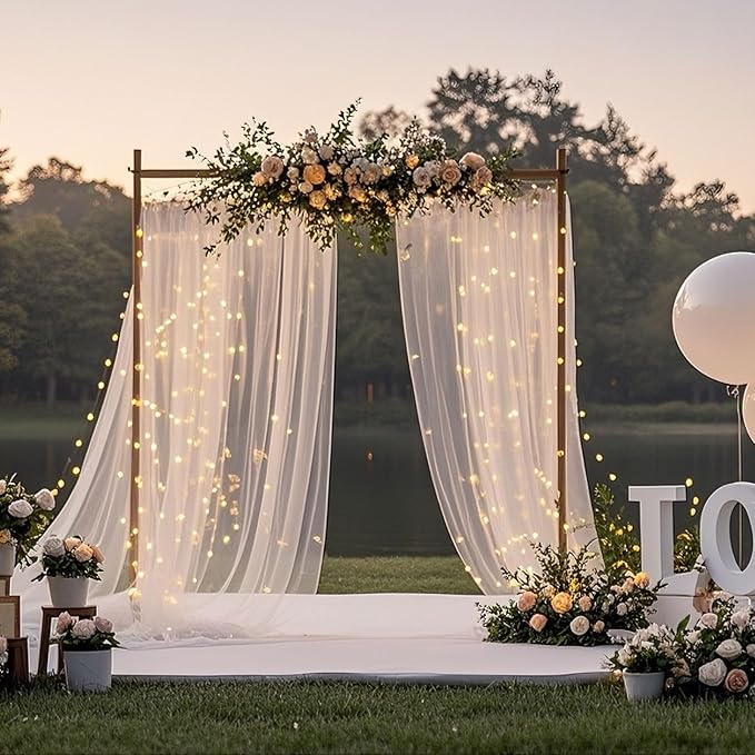 10×10ft Tulle Backdrop Curtains with Lights String - 300LED Fairy Lights Sheer Curtain Backdrop for Weddings Baby Shower and Birthday Party Decorations(4 Panels 5×10ft)