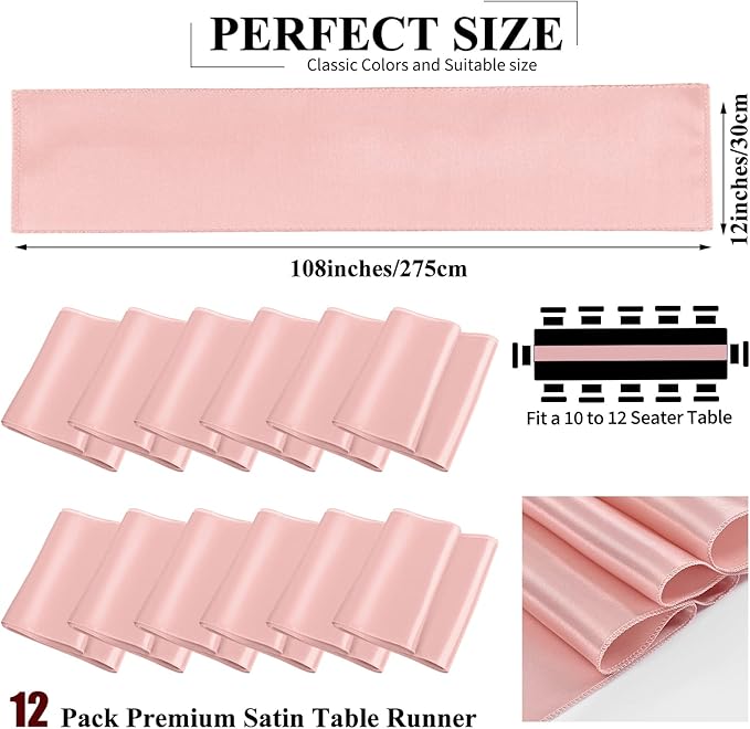 12 Pack Rose Gold Satin Table Runner,12 x 108 inch Long Premium Smooth Table Runner for Wedding, Banquets, Birthday, Party, Graduation, Engagements,Table Runners fit Rectangle and Round Table