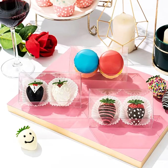 RomanticBaking 50Pack 4 1/2" x 2 1/4"x 2" Clear Chocolate Covered Strawberries Boxes for 2 Macaron Boxes for 4 Bakery Boxes Small Treat Boxes for Wedding Birthday Party