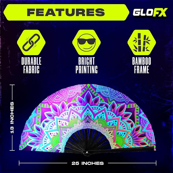 GloFX UV Glow Mandala Rave Handheld Fan - Teal, Pink, Purple & Green Design - Large Folding Fan for Festival Fashion, Essential Rave Accessories for Women, Foldable Hand Fan for Music Festival Outfits