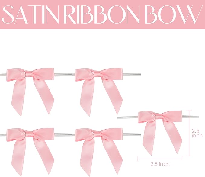 AIMUDI Baby Pink Satin Ribbon Twist Tie Bows 2.5" Light Pink Pretied Bows Premade Craft Bows for Treat Bags Cake Pop Gift Wrapping Basket Wedding Favors Cookie Candy Bagging Baby Shower - 50 Counts