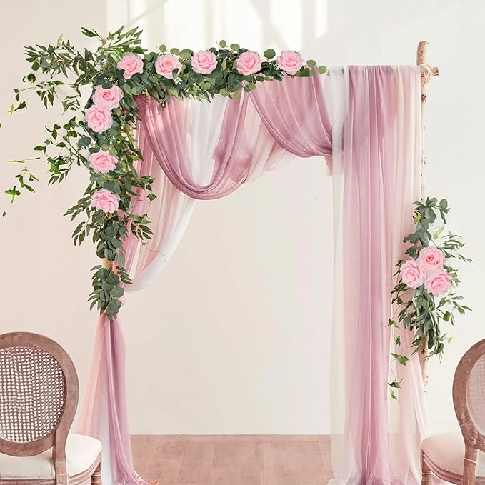 MACTING 2 Pack 13.2FT Eucalyptus Garland with Lights - Spring Gypsophila Flower Garlands with 24 Pink Roses Artificial Floral Greenery Vines for Arch Table Centerpieces Backdrop Party Wedding Decor
