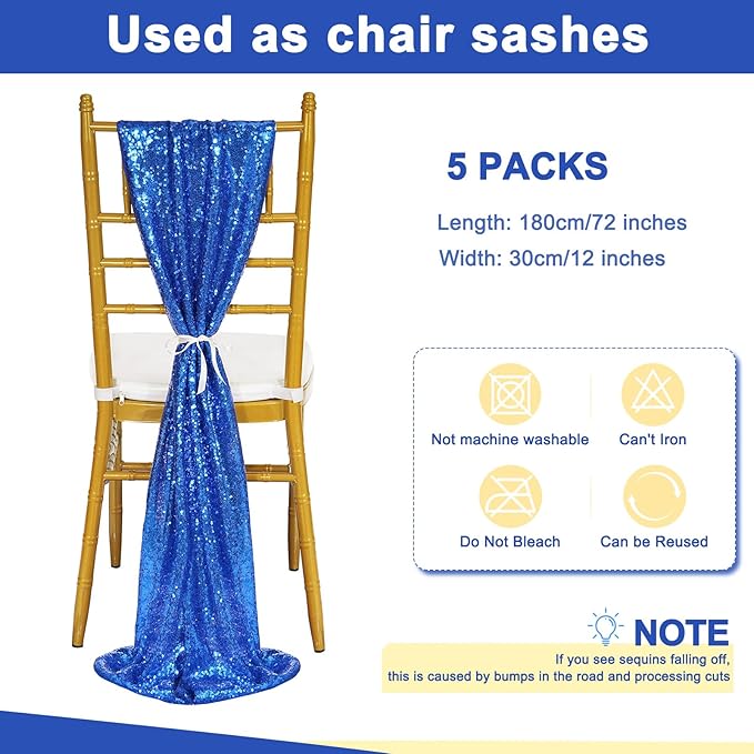 Sequin Table Runners 5 Pieces Royal Blue Table Runners 12x72 Inch Glitter Dining Table Cover for Party Wedding Birthday Reception Banquet Decoration Spring Party Chair Sashes