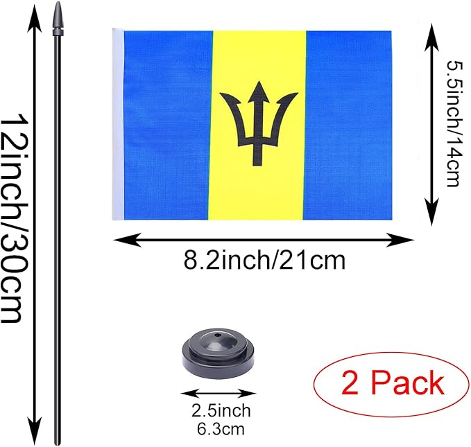 WXTWK 2 Pack Barbados Flag Barbados Deluxe Desk Flag Set - Mini Small Barbadians Table Office Flags with Black 12" Solid Pole Stand Base Classroom Meeting Desktop Decorations