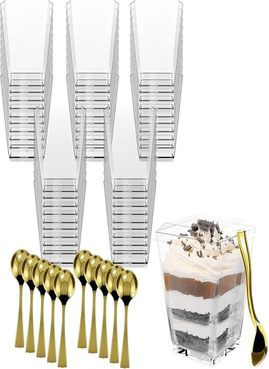 100 Pack 3 oz Mini Dessert Cups with Lids and Spoons (Gold Spoons) - Plastic Shooter Appetizer Parfait Cups with Lids Reusable - BPA Free Catering Supplies for Party - Dessert Serving Bowls