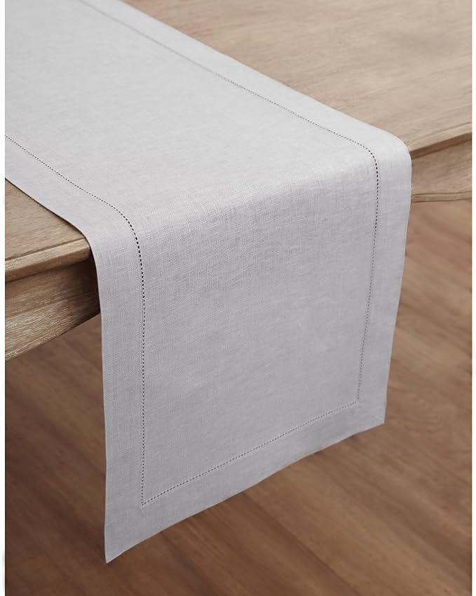 Solino Home Linen Soft Grey Table Runner 120 Inches Long - 100% Pure Linen Hemstitch 14 x 120 Inch Table Runner for Dining, Fall, Autumn, Thanksgiving, Christmas - Classic Hemstitch