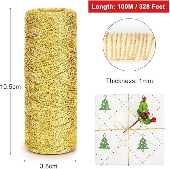 Tenn Well Metallic Gold Twine, 328 Feet 1mm Christmas Gold String Ribbon for Gift Wrapping, Christmas Ornaments, Holiday Decorations, DIY Crafts