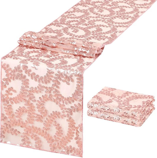 Sequin Table Runners 2 Pieces Rose Gold Flower Table Runners 12x72 Inch Glitter Dining Table Cover for Party Wedding Birthday Reception Banquet Decoration Spring Party Chair Sashes