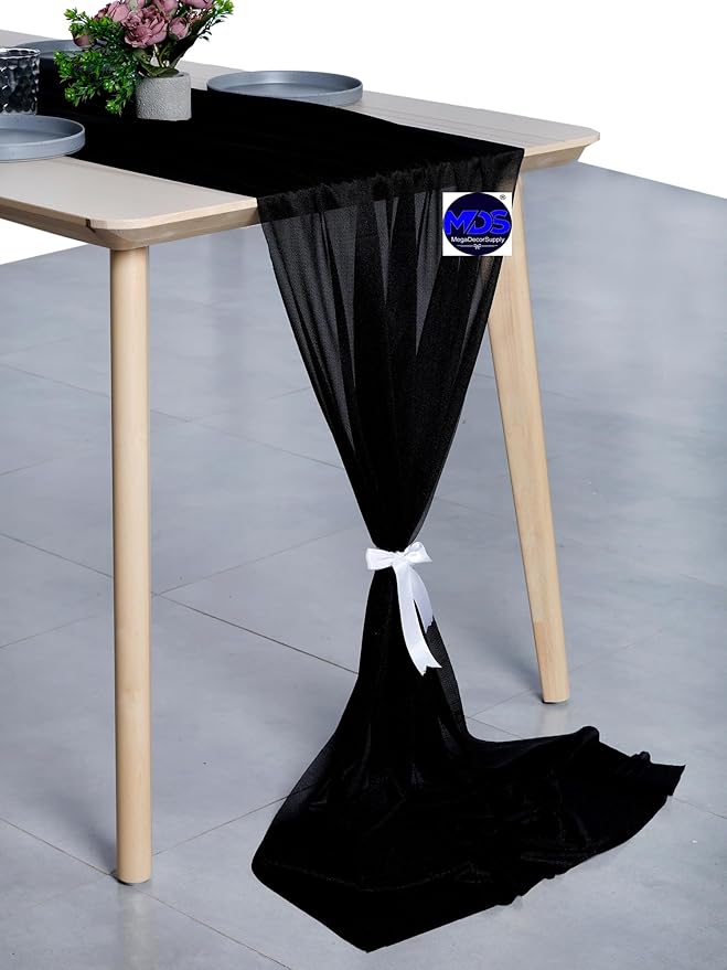 MDS Halloween Chiffon Table Runner - 20 Pack, 29 x 170 Inches, 14ft Each - Sheer Spooky Table Runners for Haunted House Parties, Trick-or-Treat Tables, Witchy Décor, Wedding & Events - Black