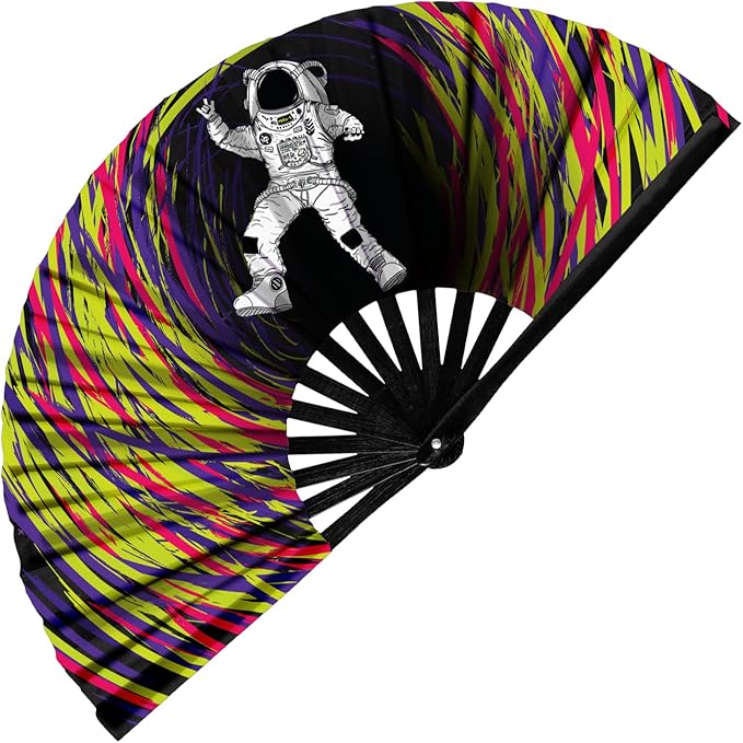 GloFX Rave Fan - Spaced Out Astronaut - Large Folding Fan - Music Festival Essential, EDM Rave Accessories, Folding Hand Fan, Clack Fan