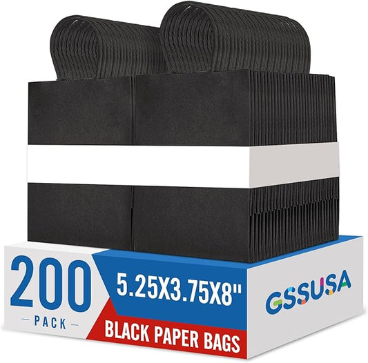 GSSUSA 200 Pack Black Paper Gift Bags 5.25x3.75x8'', Black Kraft Bags with Handles Bulk for Shopping, Craft, Grocery, Party, Retail, Lunch, Business, Wedding, Merchandise, Boutique