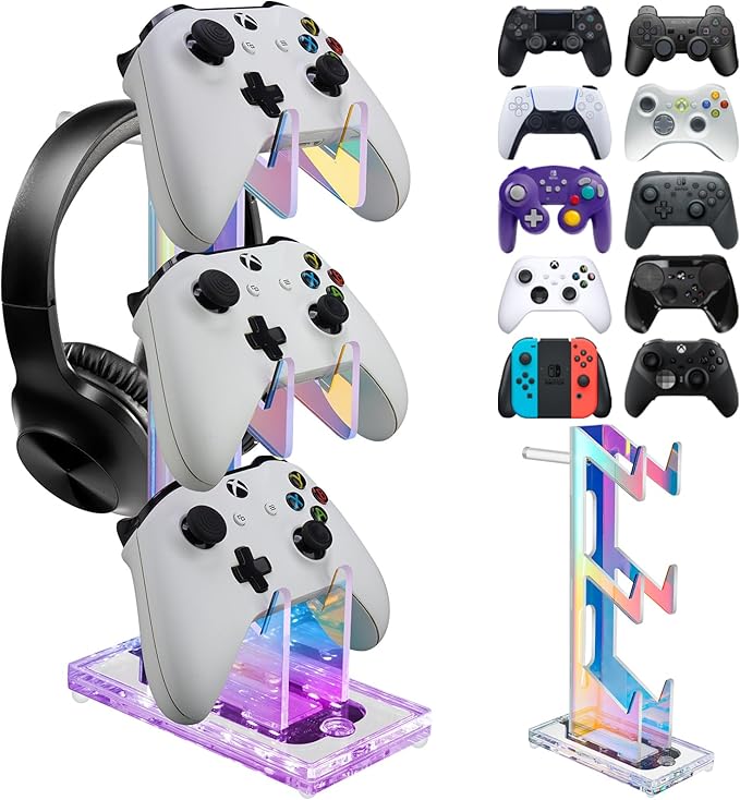 NiHome Iridescent Acrylic Multi-Tier Game Controller & Headset Holder Stand with Customizable LED Lighting, USB-Powered 7 Colors & 3 Modes, Anti-Slip Gaming Desk Organizer & Cable Management (3 Tiers)