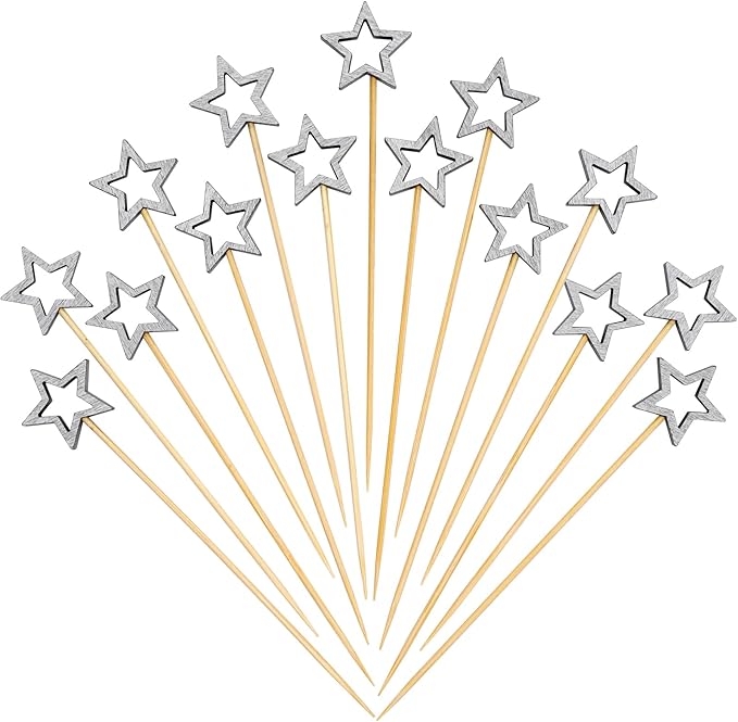Minisland Matt Silver Star Cocktail Picks, 5.5 Inch Long Bamboo Fancy Toothpicks for Appetizers, Decorative Christmas New Year Holiday Party Food Drinks Garnish Fruit Skewer Sticks 50 Counts - MSL431