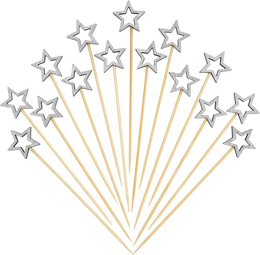 Minisland Matt Silver Star Cocktail Picks, 5.5 Inch Long Bamboo Fancy Toothpicks for Appetizers, Decorative Christmas New Year Holiday Party Food Drinks Garnish Fruit Skewer Sticks 50 Counts - MSL431