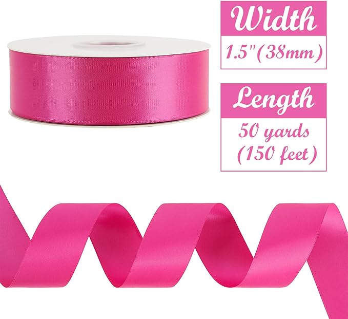 HUIHUANG Hot Pink Satin Ribbon 1-1/2 inch x 50 Yards Double-Faced Silk Like Ribbon for Flower Bouquet, Eternal Flowers, DIY Crafts, Party Favors, Bridal Shower Wedding Decor, Gift Wrapping, Bows