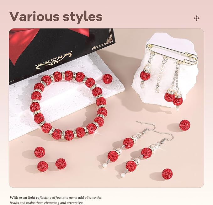 200pcs 10mm Rhinestone Beads for Jewelry Making, Red Shiny Round Disco Ball Beads Bulk, Sparkle Crystal Clay Christmas for Bracelet Baseball Necklace Earring Crafting and DIY