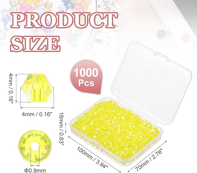 PATIKIL 1000pcs 4mm Bicone Glass Crystal Beads, Faceted Glass Spacer Beads with Box for Jewelry Making Bracelet Necklace Earrings DIY Suncatcher Craft, Yellow AB