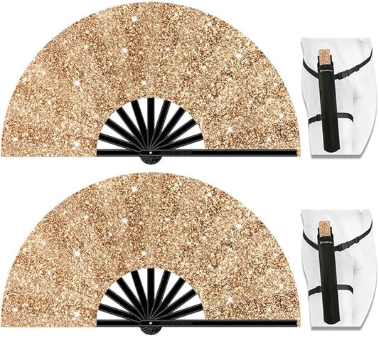 13" Large Folding Rave Fan with Holster, Clack Hand Fans Foldable for Line Dancing, Boots On The Ground Fan for Women Men Festival EDM Party Decoration, Glitter Champagne 2 Pack
