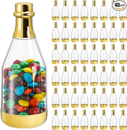 Frcctre 48 Pack Metallic Golden Mini Champagne Bottles, Plastic Champagne Candy Bottles Candy Jar Party Favor Containers for Wedding Birthday Party Bridal Shower Baby Shower