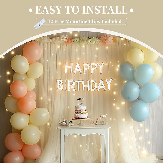 10x10ft Ivory Tulle Backdrop Curtain with String Lights, Wrinkle-Free Sheer Wedding Backdrop for Birthday Parties, Baby Showers, Bridal Showers, Photo Shoots and Home Decorations, Ivory