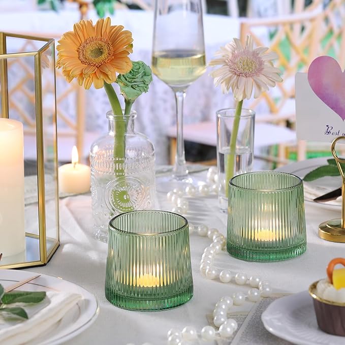 DARJEN Green Ribbed Tealight Votive Candle Holders Set of 10- Votive Candle Holders for Table Centerpiece, Tea Light Candle Holder Glass for Wedding and Home Decor, Green Decor and Gifts