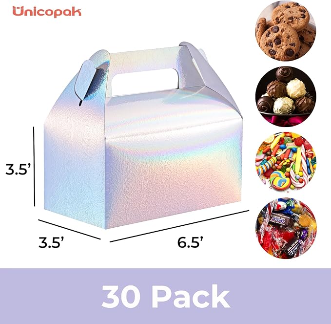 UnicoPak 30 Pcs Iridescent Gable Treat Boxes Party Favor Boxes Goodie Gift Boxes for Snacks Cookie Candy Toys Birthday Party Wedding Shower Holidays 6.5x3.5x4 Inches