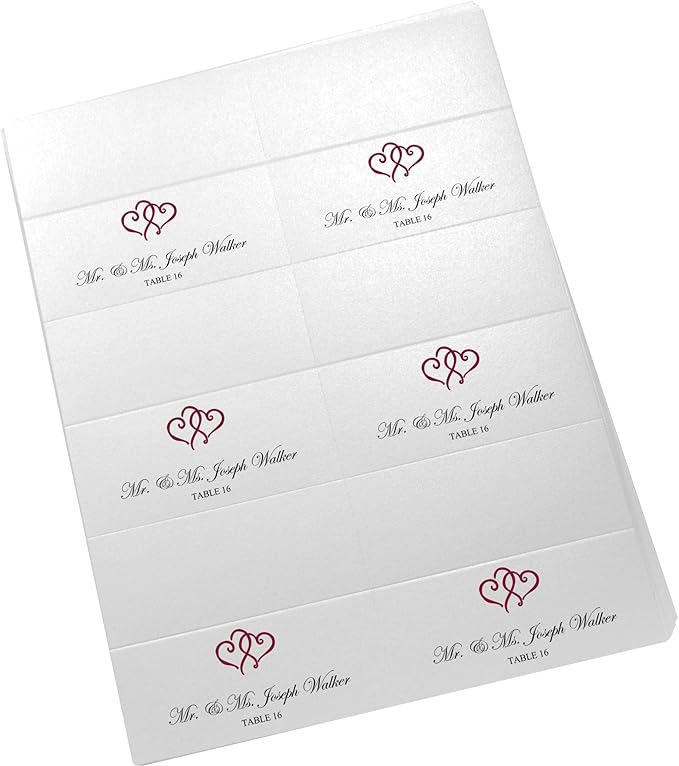 Linked Hearts Printable Place Cards, Burgundy (Choose Color), Set of 60 (10 Sheets), Laser & Inkjet Printers - Wedding, Party, Dinner, and Special Events - Made in the USA