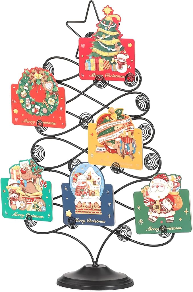 Decorative Metal Christmas Tree Card Holder, 18 Inch Tabletop Holiday Card Display Rack with Star Topper, Black Wire Tree Cards and Photo Holders Stand, Holds up to 19 Place Cards and Memos Pictures