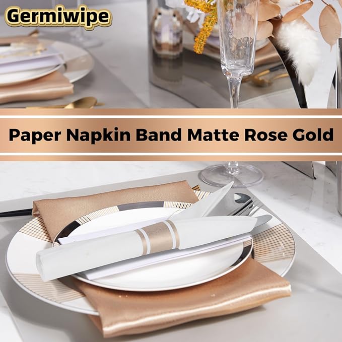 Germiwipe Paper Napkin Band, 200PCS (Matte Champagne Gold) Napkin Ring Self-Adhesive, Silverware Wraps Bands,Table Setup Wedding Event Party Supply (Matte Rose Gold /200pcs)