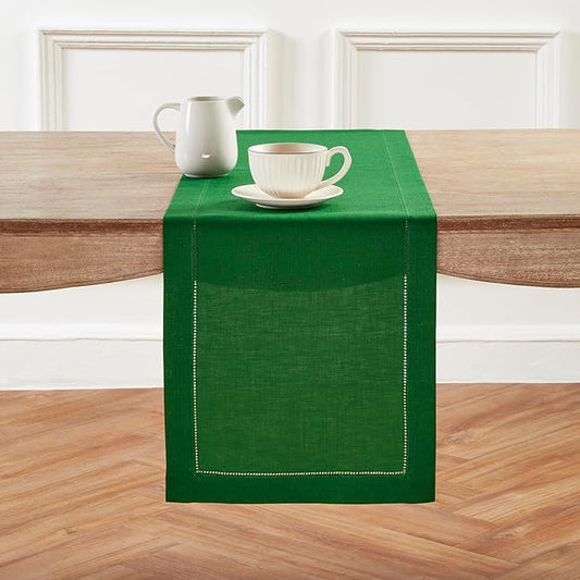 Solino Home Linen Garden Green Table Runner 108 Inches Long - 100% Pure Linen Hemstitch 14 x 108 Inch Table Runner for Dining, Christmas - Classic Hemstitch