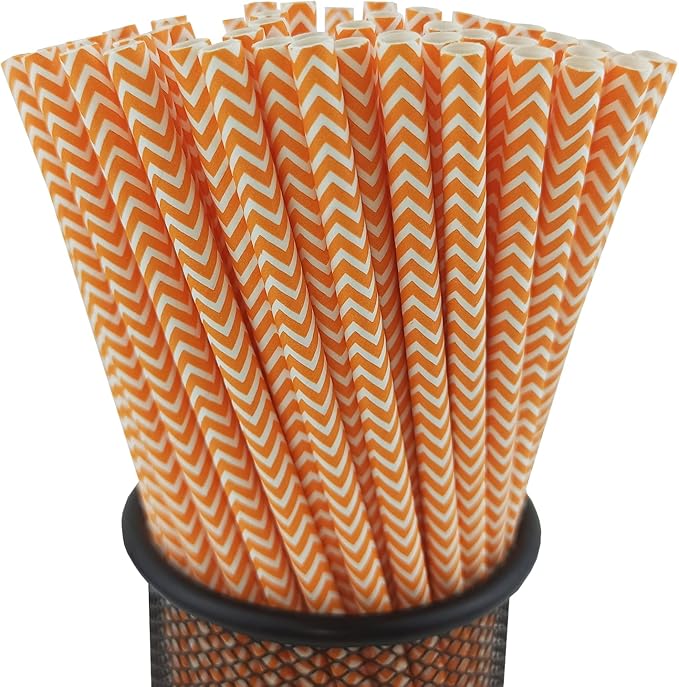 YAOSHENG Premium Disposable Waves Striped Drinking Paper Straws, Pack 100 Orange Waves Paper Straws for Cocktail Party Supplies,Birthday,Bridal/Baby Shower,Juice,Shakes (Orange Waves)