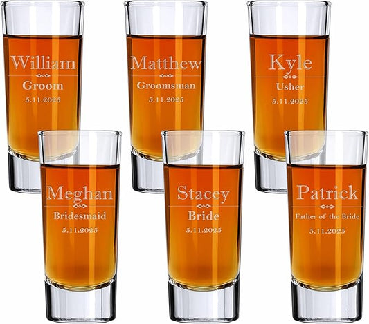 Custom Engraved Shot Glass – 2oz Tall Clear Glass – Personalized Gift for Wedding Party – Classic Etched Barware Keepsake for Groomsmen, Bridesmaids, and More (6)