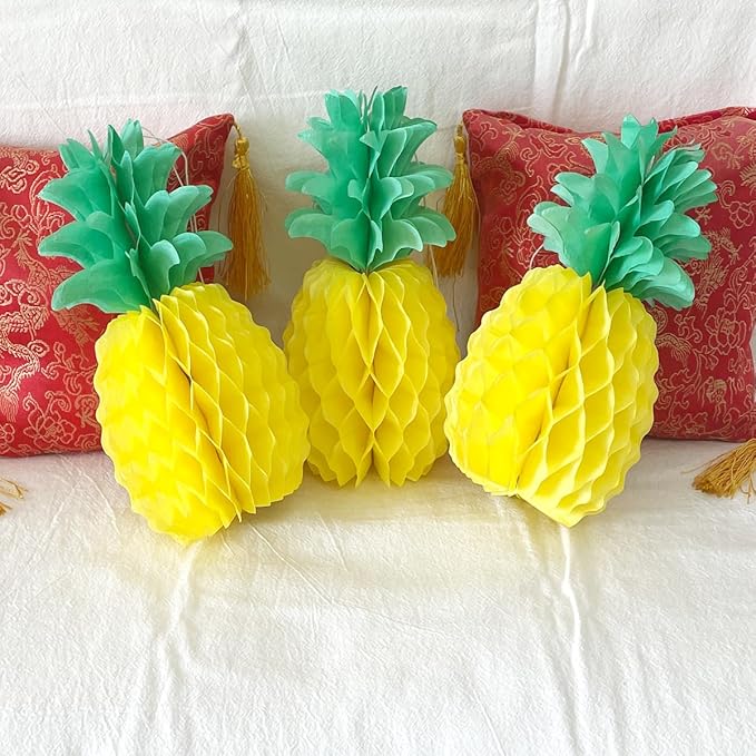 10inch Paper Pineapple Honeycomb Decorations 8pcs Tissue Party Pineapple Centerpieces Hanging Pineapple for Table Decor for Summer Tropical Hawaiian Beach Decor