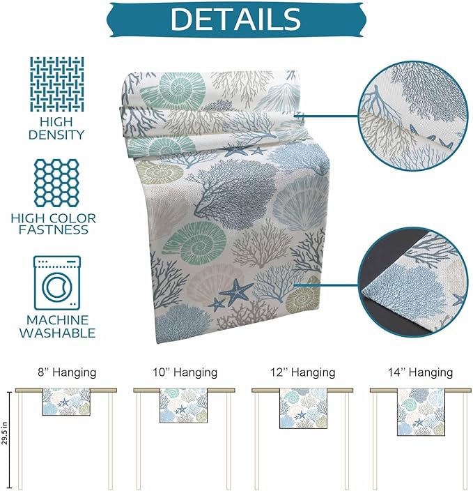 Coastal Coral Cotton Linen Table Runner for Dining Kitchen, Wedding Outdoor Party Tablerunners Decoration, Blue Nautical Starfish Ocean Shell Beach Dresser Scarf Coffee Tablecloth Runners 13x60 Inches