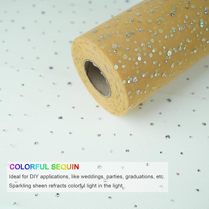 Glitter Tulle Rolls, 6” by 50 Yards (150FT) Sequin Tule Netting Fabric Tulle for Tutu Skirts Sewing Birthday Wedding Party Decoration (Gold)