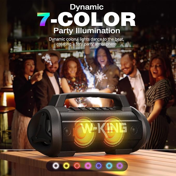 W-KING Portable Speakers Bluetooth Wireless, 120W Max Loudest Bluetooth Speaker, IPX6 Waterproof Outdoor Speaker with 70W Deep Bass/2*Subwoofer/DSP/EQ/42H/LED/MAC-in/Power Bank, Large Party Boombox
