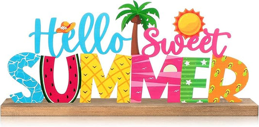 Hello Sweet Summer Metal Sign Rustic Table Decor Holiday Tiered Tray Decor with Wooden Base Freestanding Metal Word Sign for Home Tabletop Centerpiece Mantel Shelf Fireplace